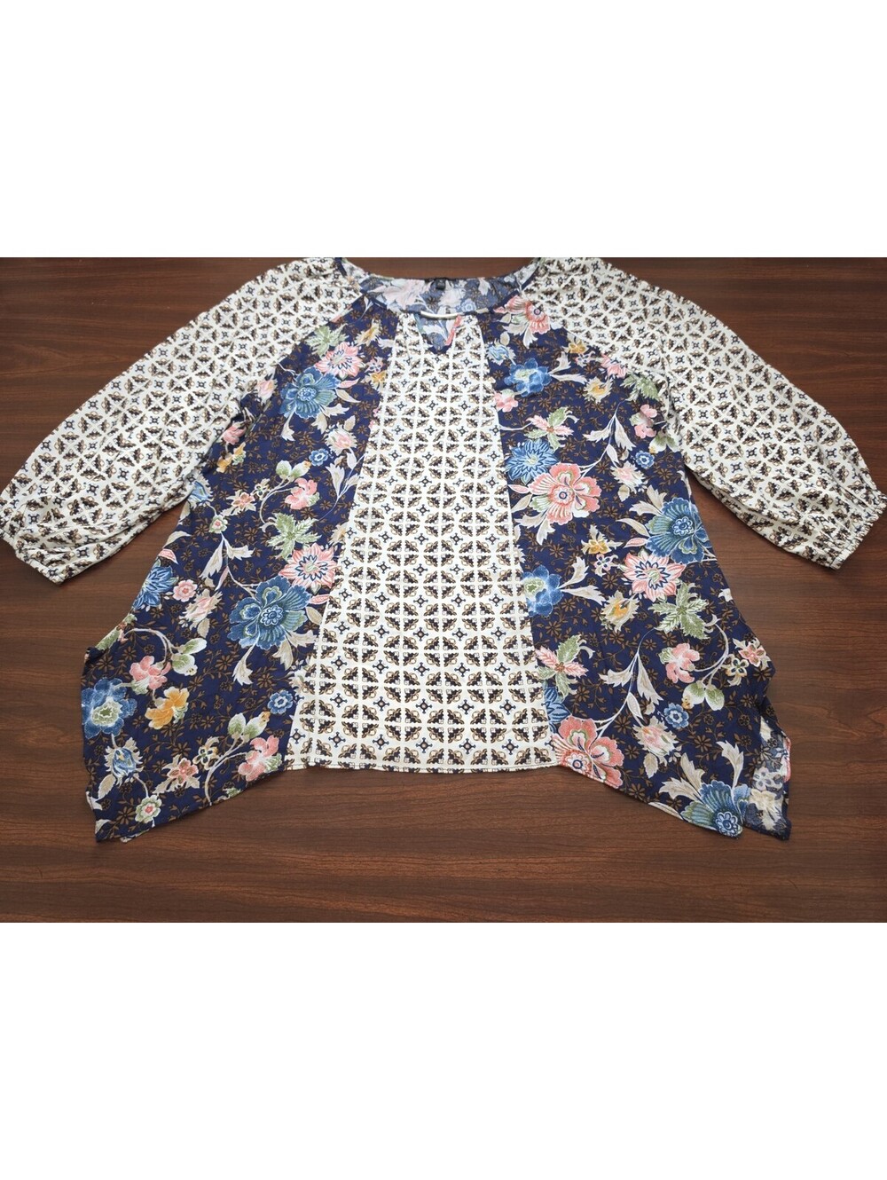 Sami & Co Blue Floral Print Tunic XL Top Long Sleeve 100% Rayon Keyhole Blouse